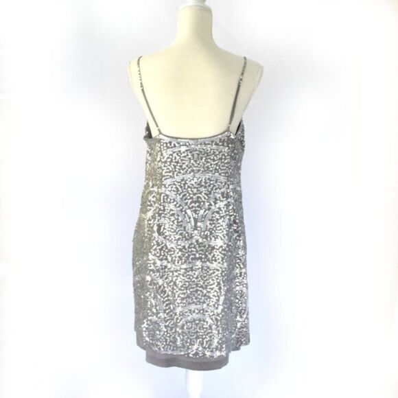 BCBGMaxAzria Silver Grey 100% Silk Sequin Sparkle Party Cocktail Slip Dress 12 - Picture 3 of 16